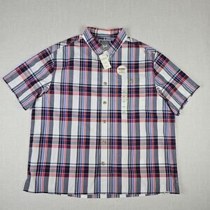 Duluth Trading BBQ Relaxed Fit Short Sleeve Shirt Mens XL Plaid White Red Blue